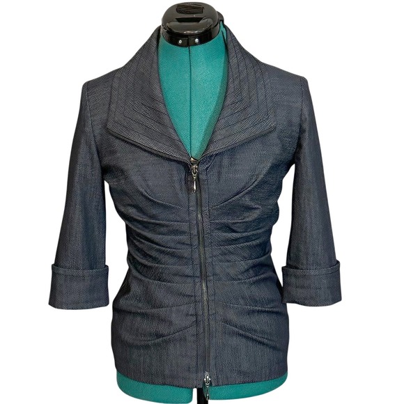 Joseph Ribkoff Jackets & Blazers - Joseph Ribkoff Womens 30308 Dark Denim Ruched Zip Front 3/4 Sleeve Jacket Size 4